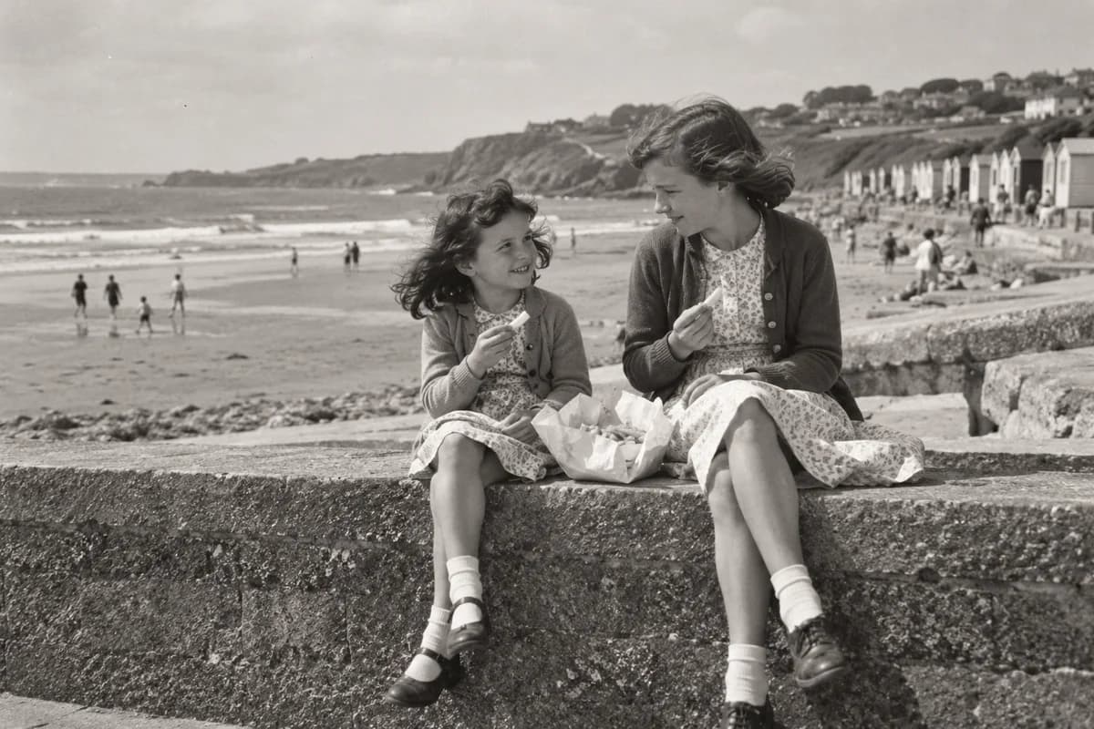 Illustrative 1950s black-and-white photograph of two sisters sharing chips beside the sea
