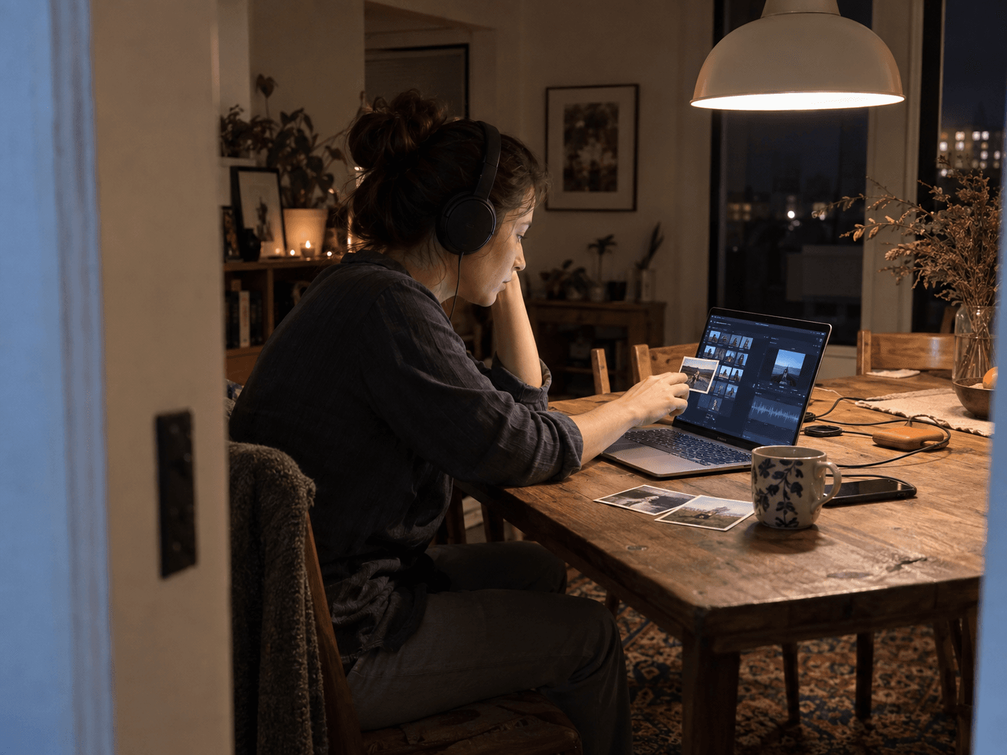 A person curating family recordings and photographs on a laptop at home