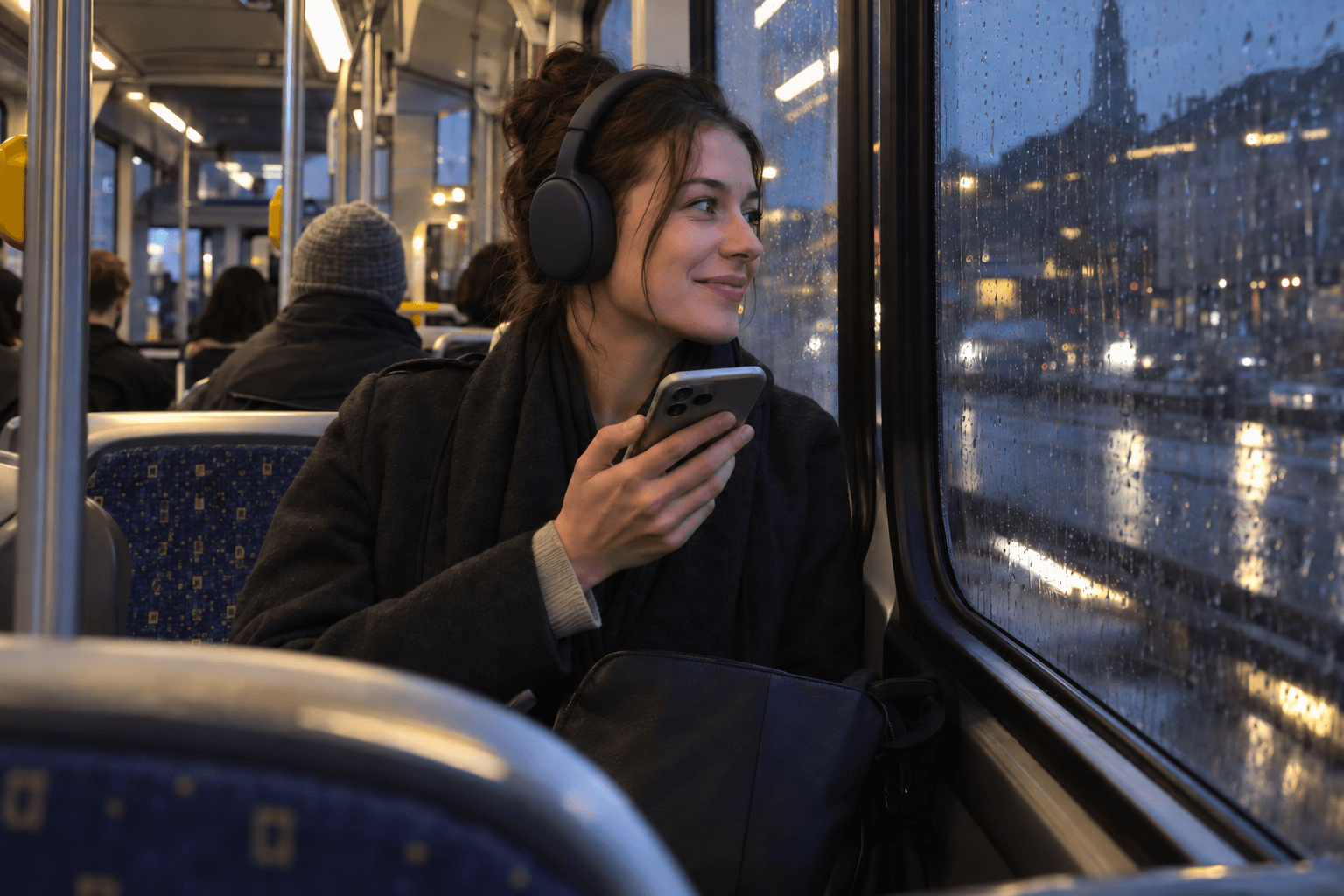 A woman wearing headphones and recording a voice memory while travelling on a rainy city tram