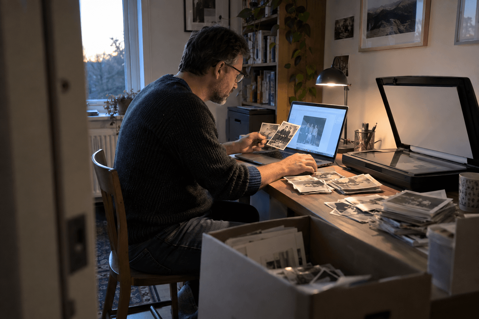 A man digitising a box of old family photographs at his home desk