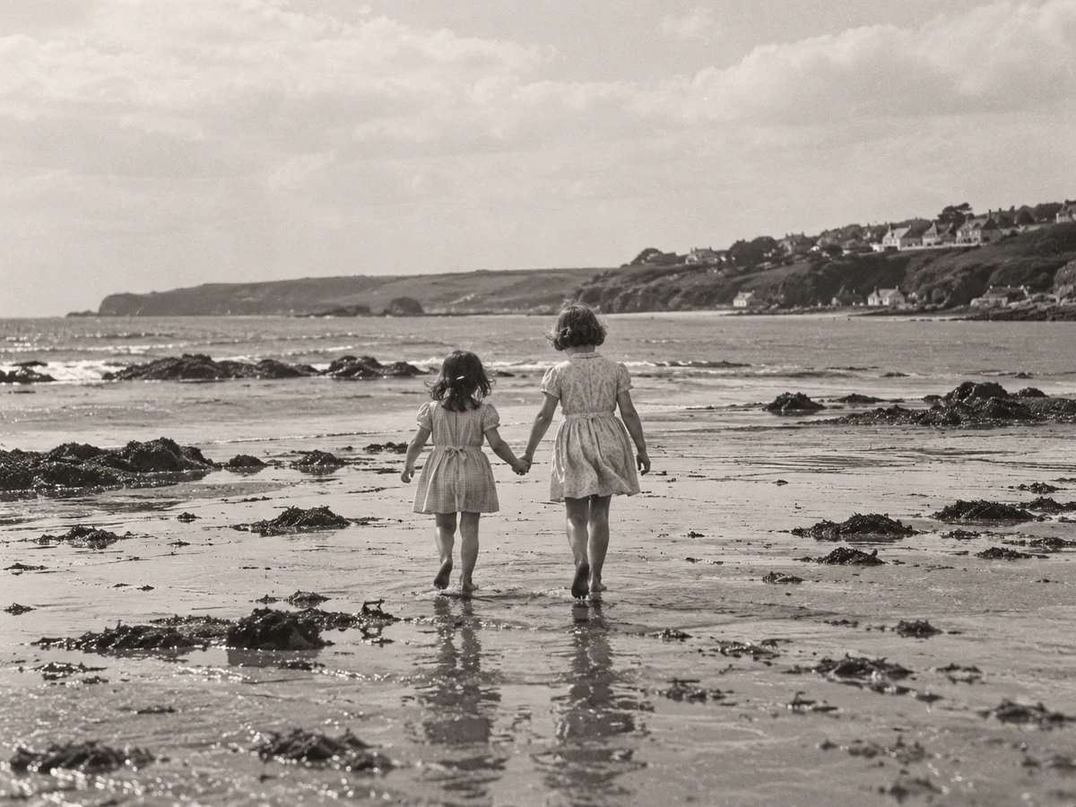 Two sisters walking hand in hand along the beach, 1958 — an illustrative family photograph